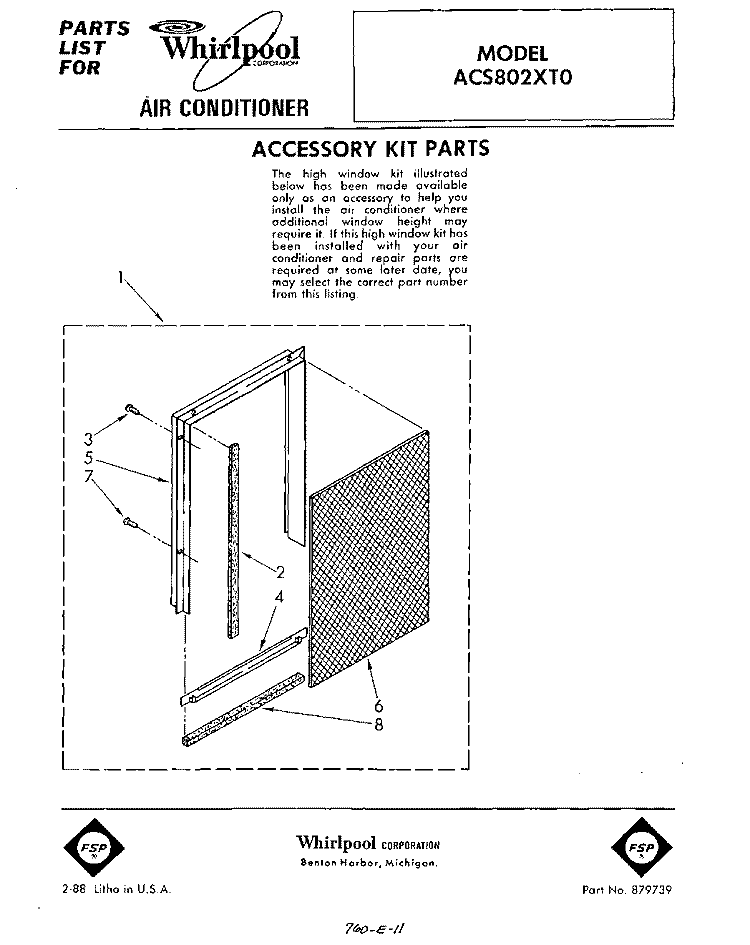 SECTION Diagram and Parts List for ACS802XT0  Whirlpool Air Conditioner