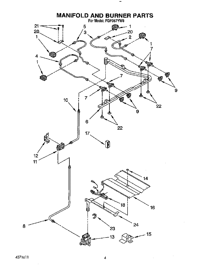 MANIFOLD AND BURNER Diagram and Parts List for FGP357YW0  Roper Range