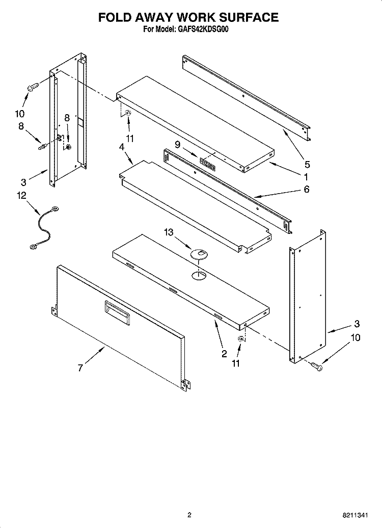 FOLD AWAY WORK SURFACE Diagram and Parts List for GAFS42KDSG00  Whirlpool Cabinet