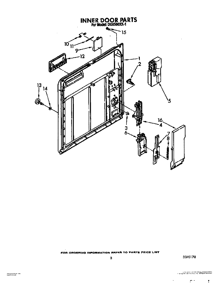 INNER DOOR Diagram and Parts List for DU8500XX1  Whirlpool Dishwasher