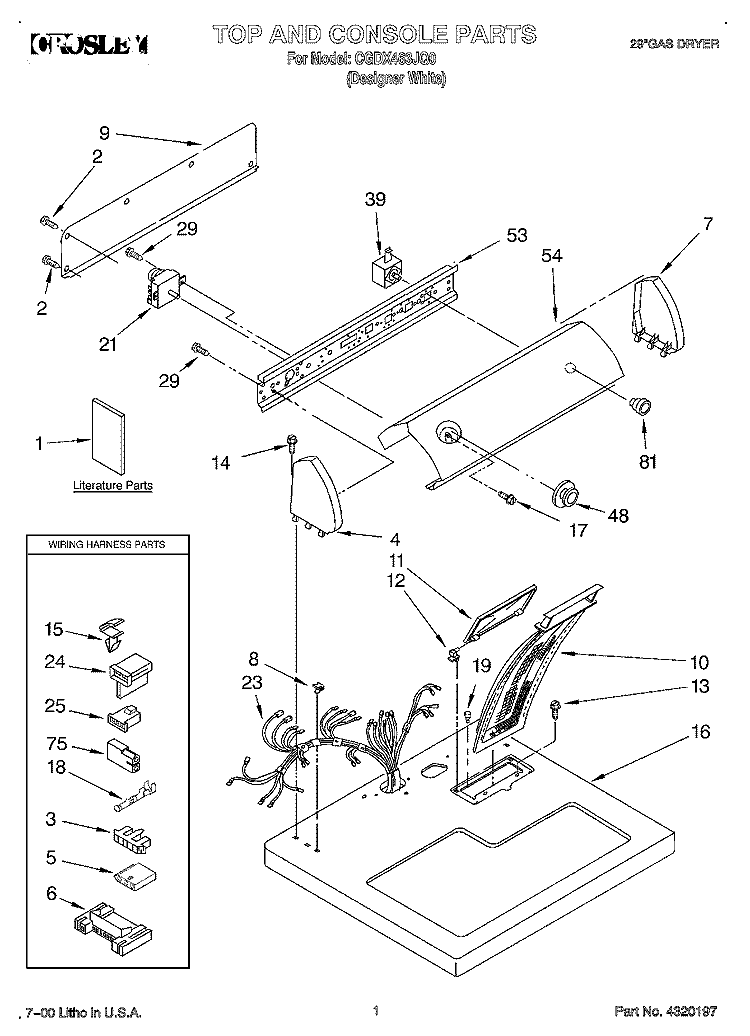 TOP AND CONSOLE, LIT/OPTIONAL Diagram and Parts List for CGDX463JQ0  Crosley Dryer