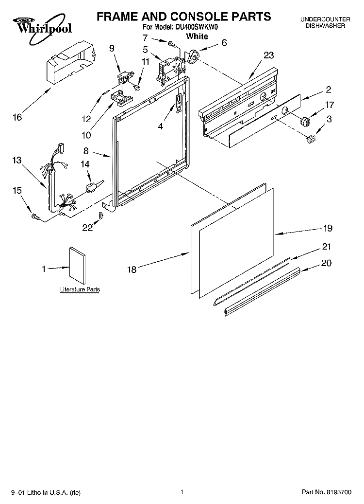 FRAME AND CONSOLE, LITERATURE Diagram and Parts List for DU400SWKW0  Whirlpool Dishwasher