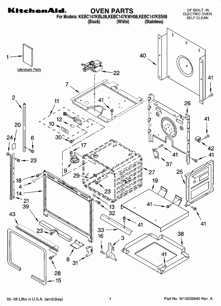 OVEN PARTS Diagram and Parts List for KEBC147KBL08  KitchenAid Wall Oven