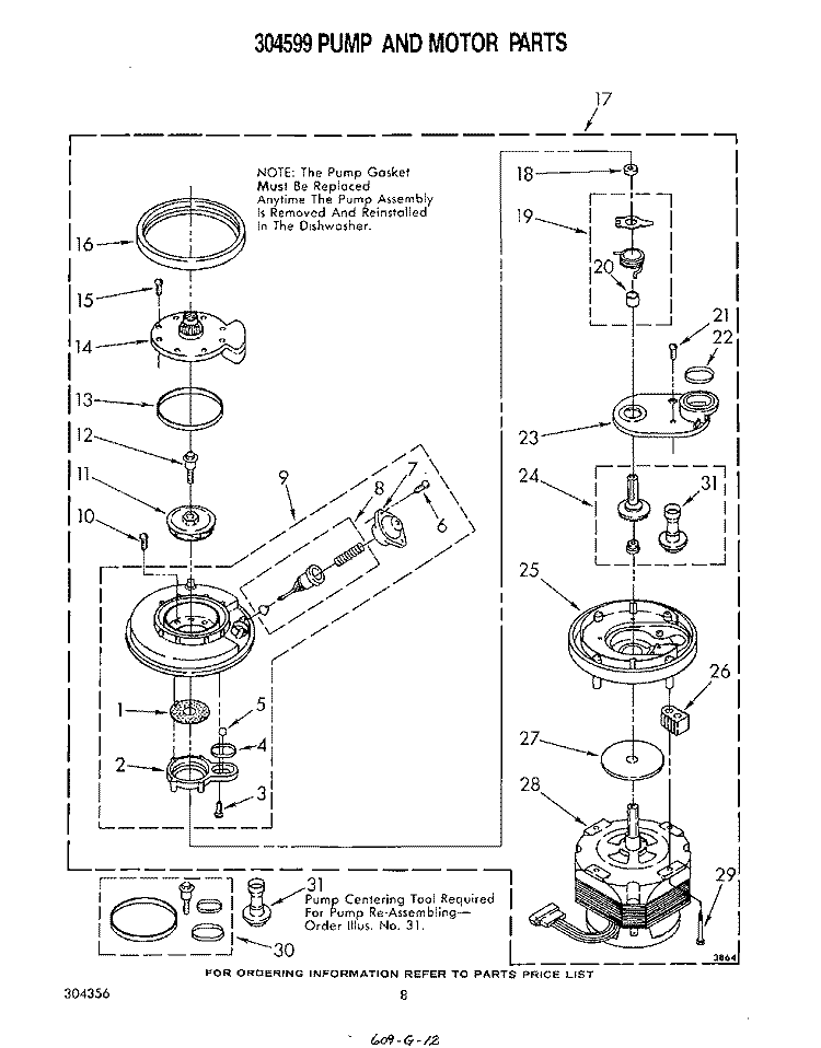 304599 PUMP AND MOTOR Diagram and Parts List for DU7500XR1  Whirlpool Dishwasher