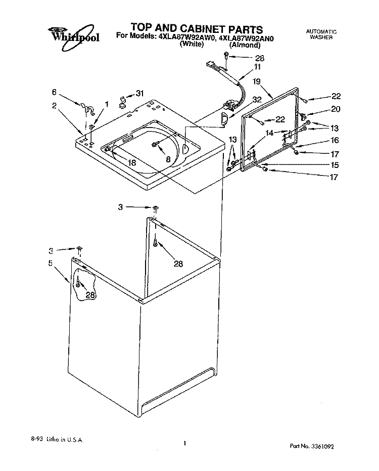 TOP AND CABINET, LITERATURE AND OPT Diagram and Parts List for 4XLA87W92AW0  Whirlpool Washer