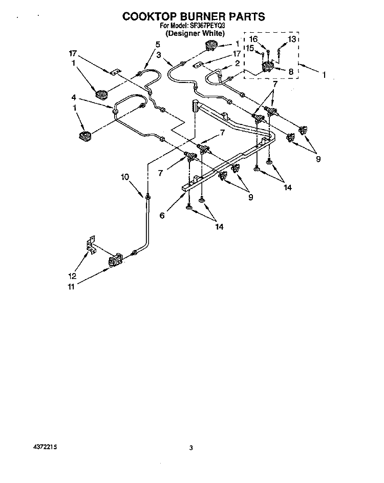 COOKTOP BURNER Diagram and Parts List for SF367PEYQ3  Whirlpool Range