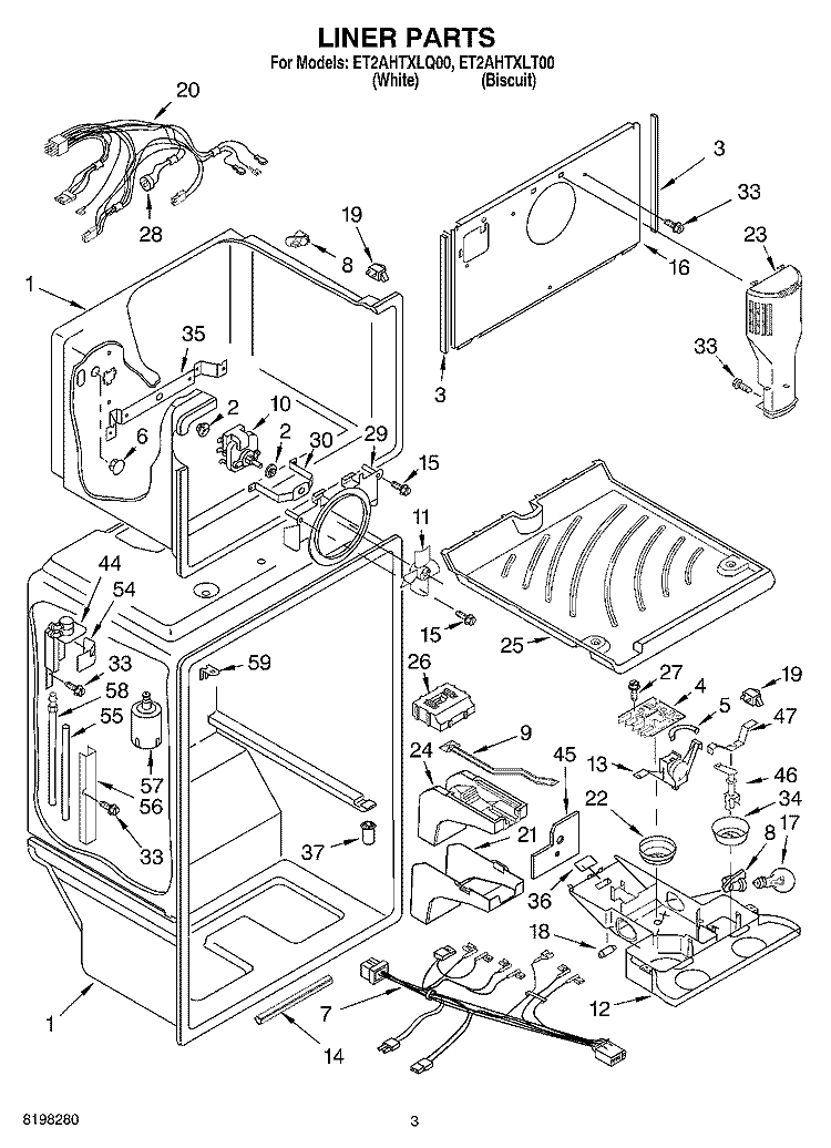 LINER Diagram and Parts List for ET2AHTXLQ00  Whirlpool Refrigerator
