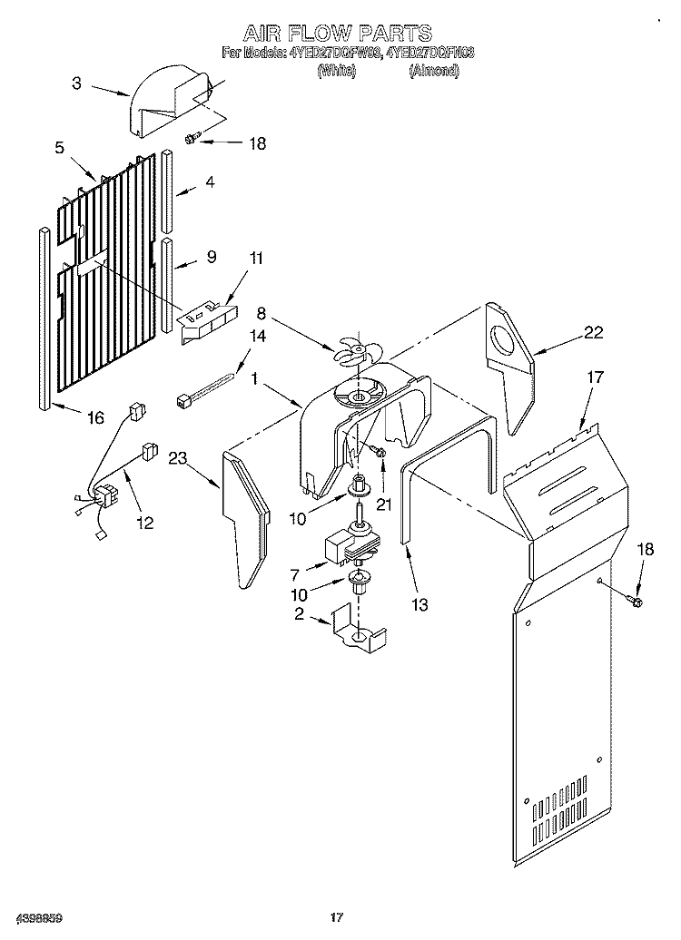 AIR FLOW Diagram and Parts List for 4YED27DQFN03  Whirlpool Refrigerator