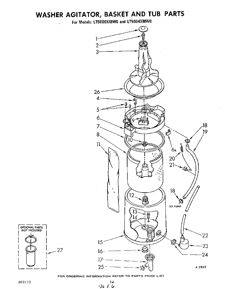WASHER AGITATOR, BASKET AND TUB Diagram and Parts List for LT5004XMW0  Whirlpool Washer Dryer Combo