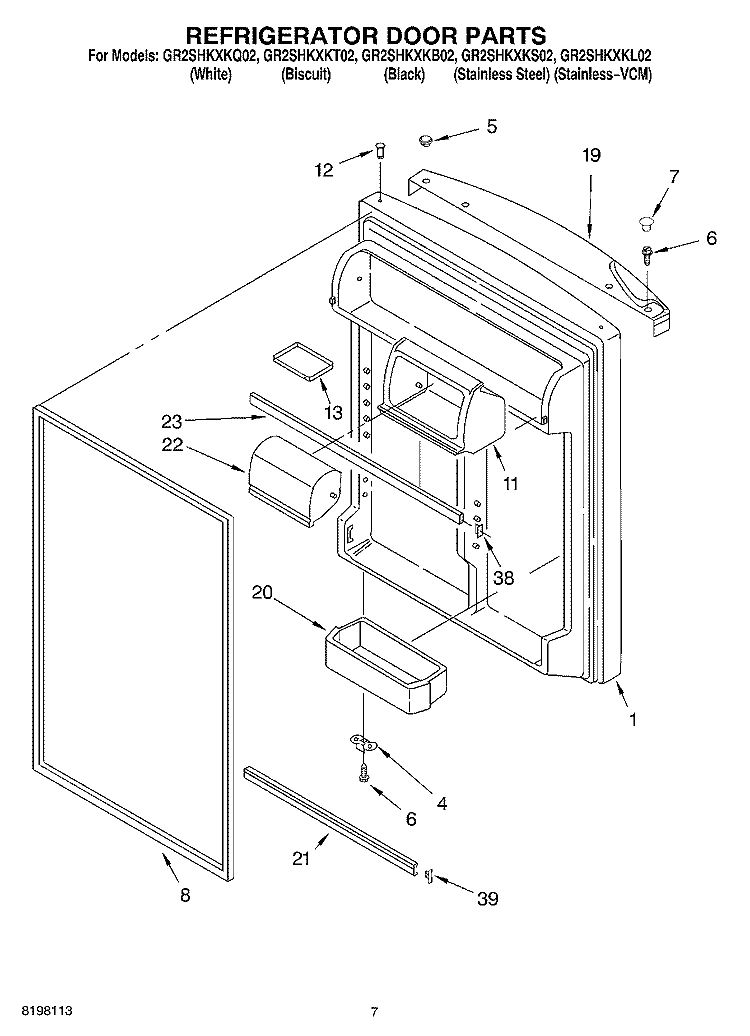 REFRIGERATOR DOOR Diagram and Parts List for GR2SHKXKT02  Whirlpool Refrigerator