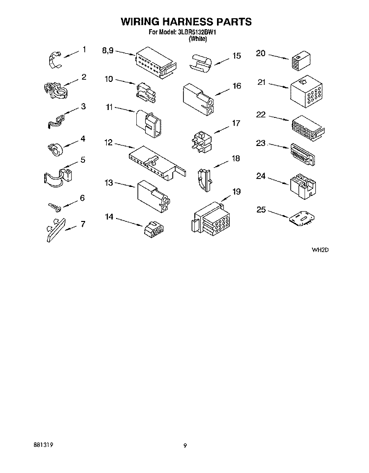 WIRING HARNESS Diagram and Parts List for 3LBR5132BW1  Whirlpool Washer