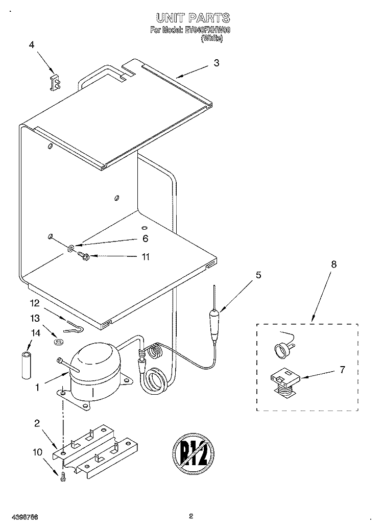 UNIT Diagram and Parts List for EV040FXHW00  Whirlpool Freezer