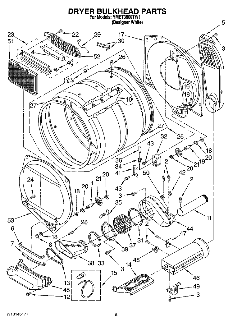 DRYER BULKHEAD PARTS Diagram and Parts List for YMET3800TW1  Whirlpool Washer Dryer Combo