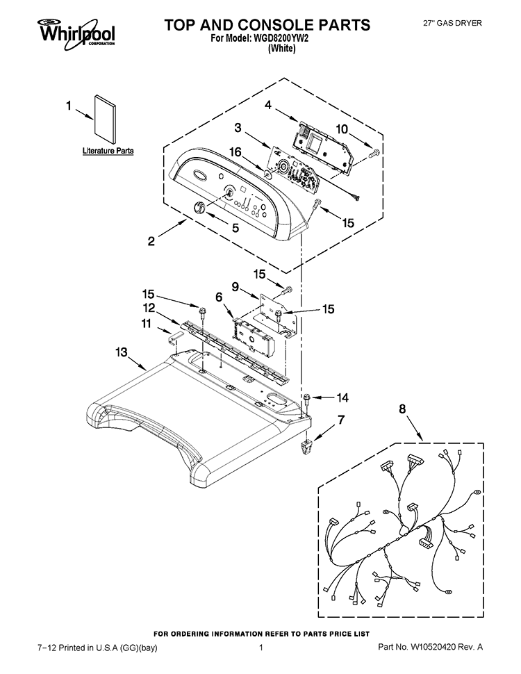 TOP AND CONSOLE PARTS Diagram and Parts List for WGD8200YW2  Whirlpool Dryer