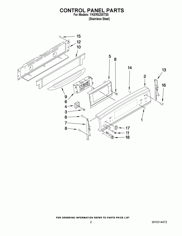 CONTROL PANEL PARTS Diagram and Parts List for YKERS205TS5  KitchenAid Range