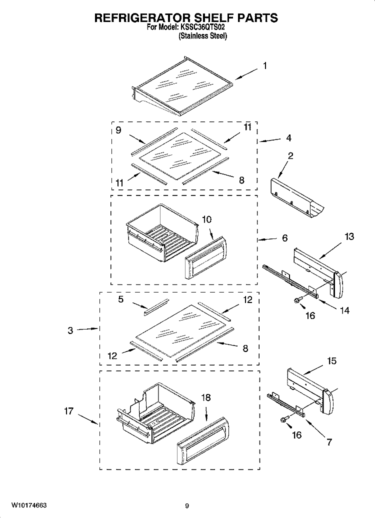 REFRIGERATOR SHELF PARTS Diagram and Parts List for KSSC36QTS02  KitchenAid Refrigerator