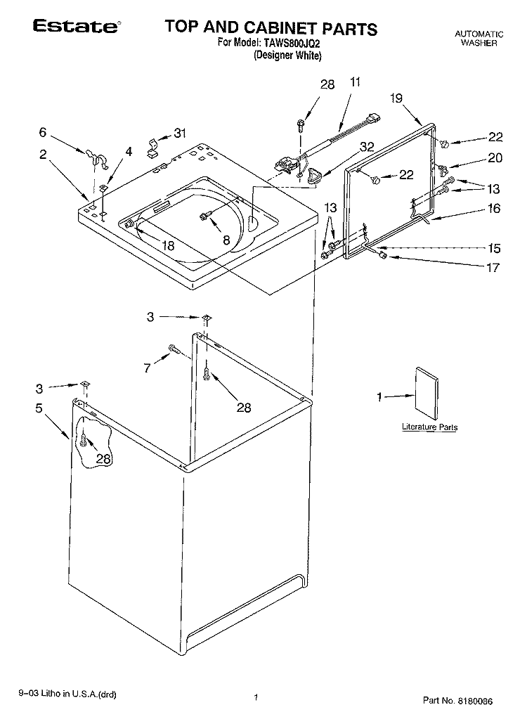 TOP AND CABINET PARTS Diagram and Parts List for TAWS800JQ2  Estate Washer