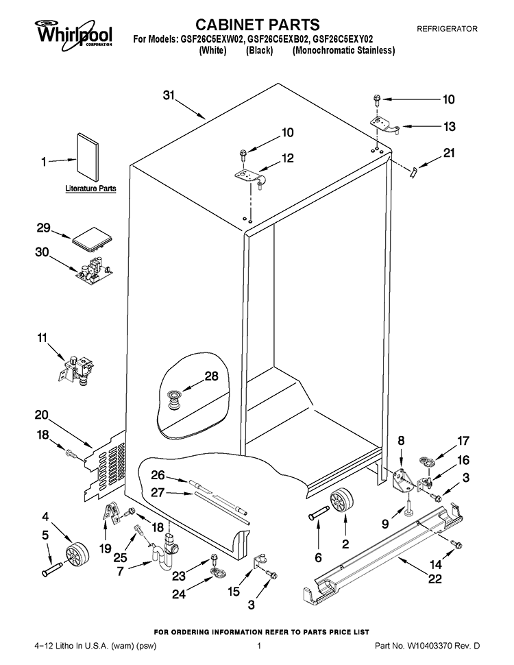 CABINET PARTS Diagram and Parts List for GSF26C5EXB02  Whirlpool Refrigerator