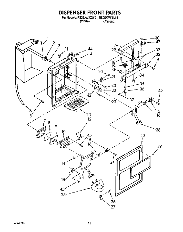 DISPENSER FRONT Diagram and Parts List for RS25AWXZW01  Whirlpool Refrigerator