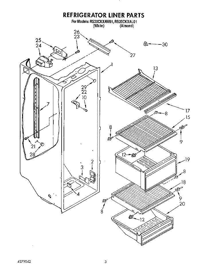 REFRIGERATOR LINER Diagram and Parts List for RS20CKXAL01  Roper Refrigerator