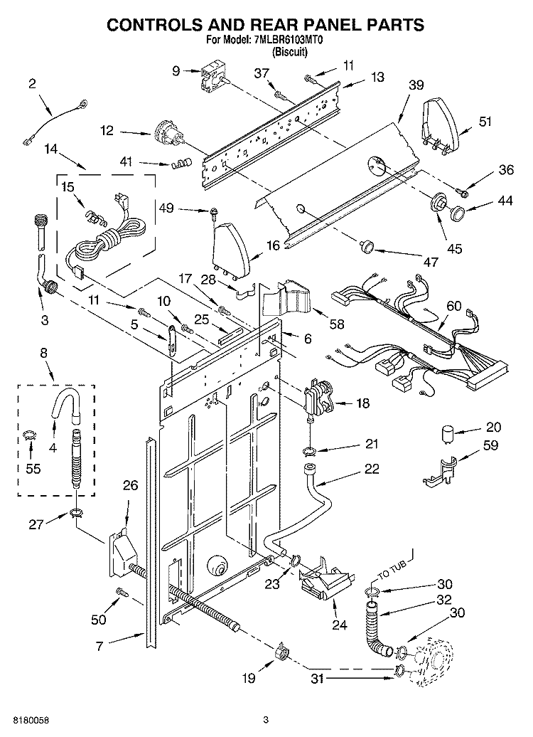 CONTROLS AND REAR PANEL PARTS Diagram and Parts List for 7MLBR6103MT0  Whirlpool Washer