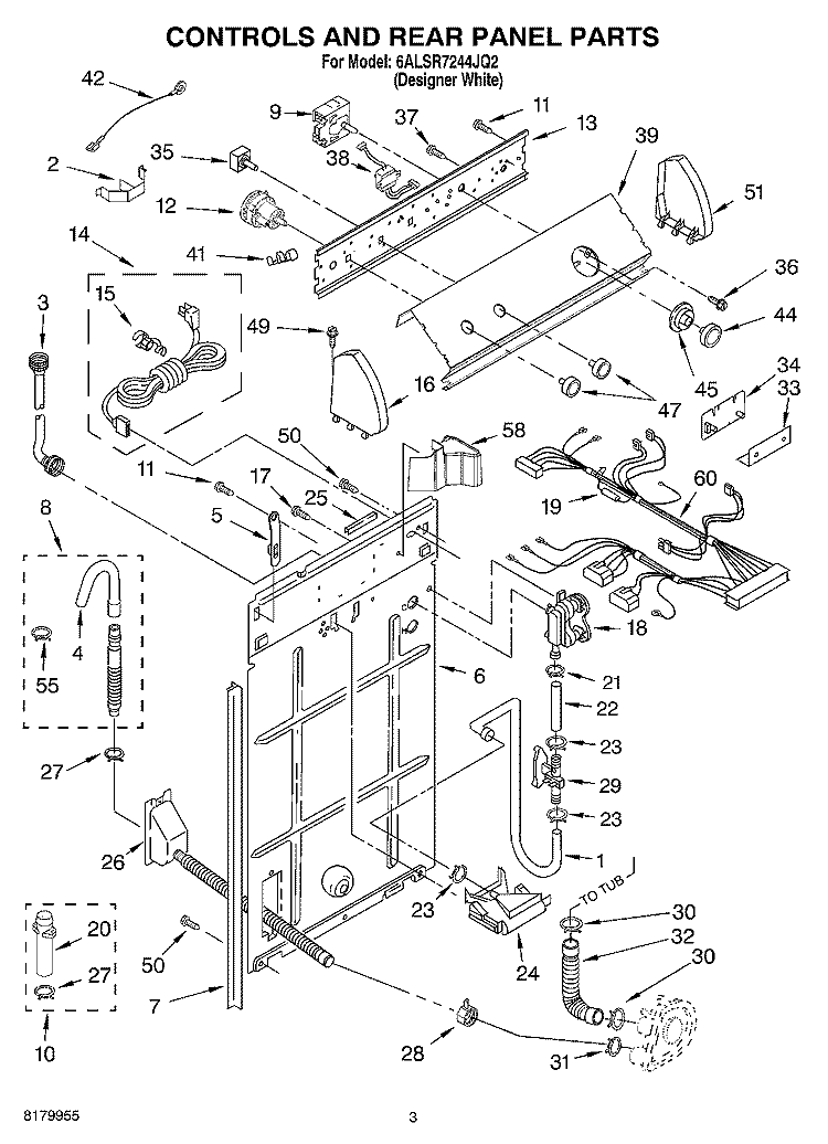 CONTROLS AND REAR PANEL PARTS Diagram and Parts List for 6ALSR7244JQ2  Whirlpool Washer