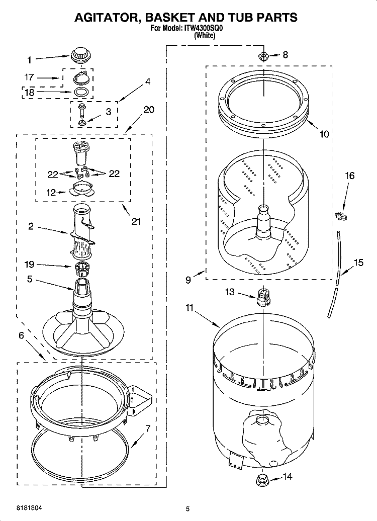 AGITATOR, BASKET AND TUB PARTS Diagram and Parts List for ITW4300SQ0  Inglis Washer