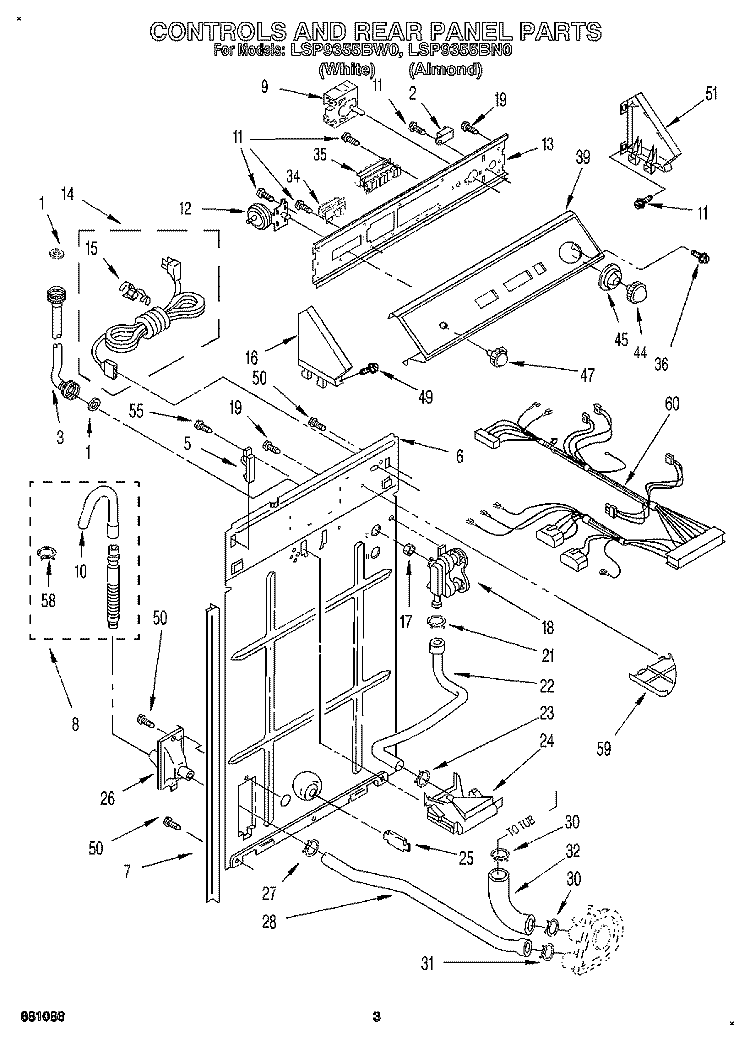CONTROLS AND REAR PANEL Diagram and Parts List for LSP9355BW0  Whirlpool Washer