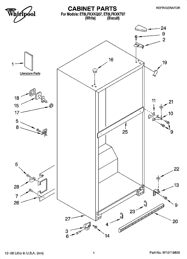 CABINET PARTS Diagram and Parts List for ET8LFKXKQ07  Whirlpool Refrigerator