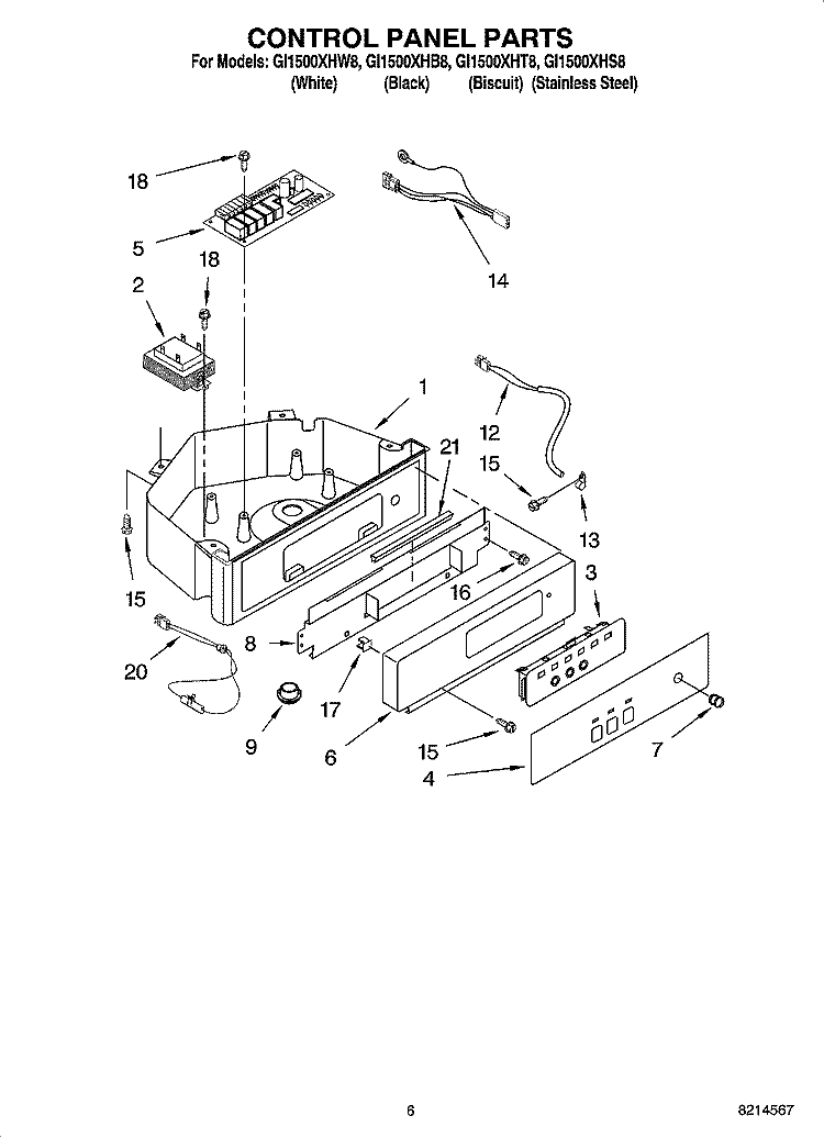 CONTROL PANEL PARTS Diagram and Parts List for GI1500XHB8  Whirlpool Ice Maker