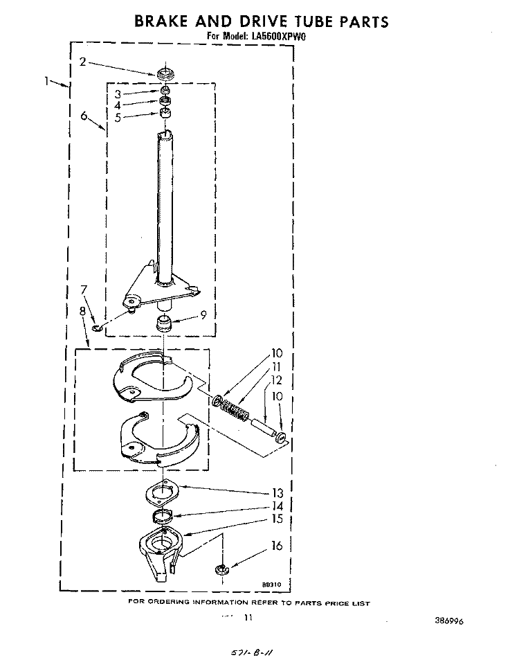 BRAKE AND DRIVE TUBE Diagram and Parts List for LA5600XPW0  Whirlpool Washer