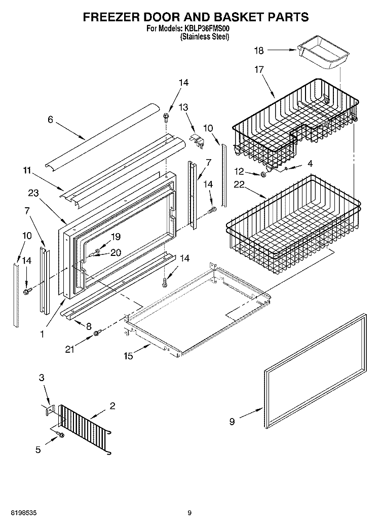 FREEZER DOOR AND BASKET PARTS Diagram and Parts List for KBLP36FMS00  KitchenAid Refrigerator