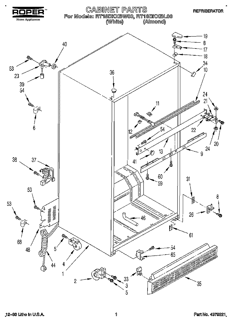 CABINET Diagram and Parts List for RT18DKXBW00  Roper Refrigerator