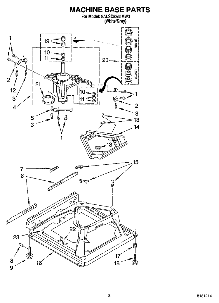 MACHINE BASE PARTS Diagram and Parts List for 6ALSC8255MW3  Whirlpool Washer