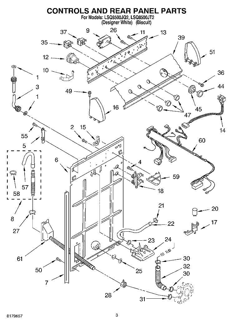 CONTROLS AND REAR PANEL Diagram and Parts List for LSQ8500JQ2  Whirlpool Washer