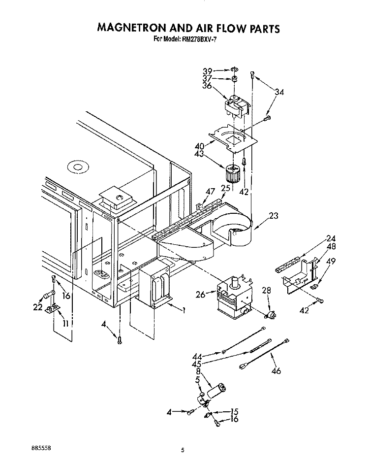 MAGNETRON AND AIR FLOW Diagram and Parts List for RM278BXV7  Whirlpool Microwave Oven Combo