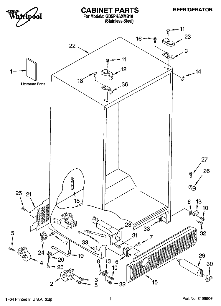 CABINET PARTS Diagram and Parts List for GD5PHAXMS10  Whirlpool Refrigerator