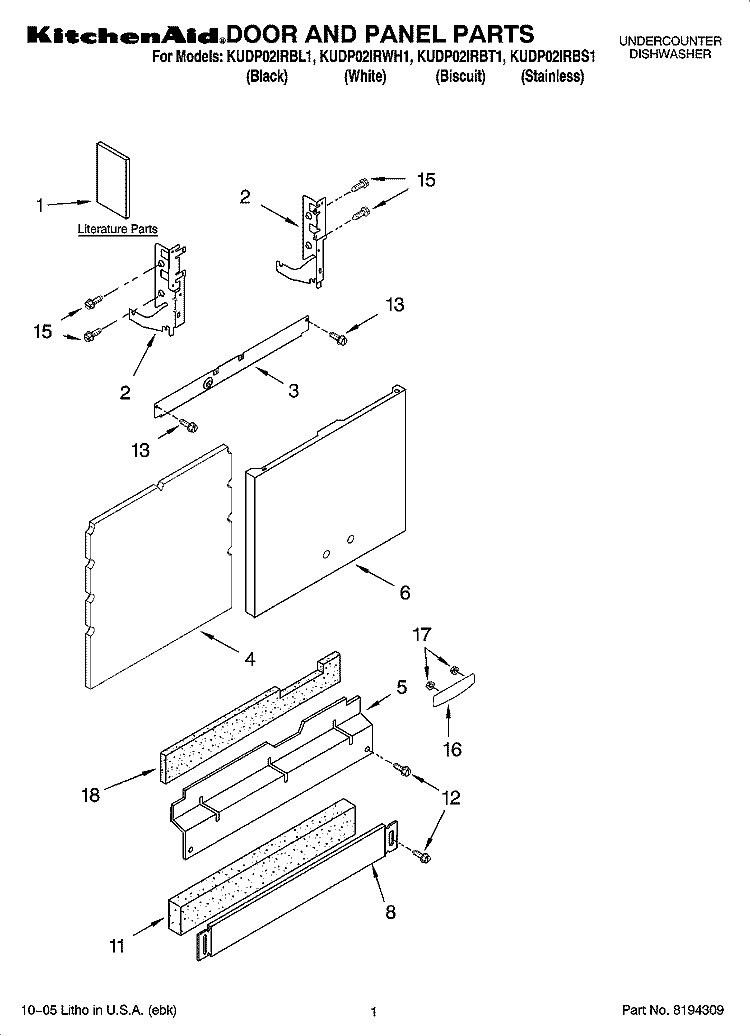 DOOR AND PANEL PARTS Diagram and Parts List for KUDP02IRBL1  KitchenAid Dishwasher