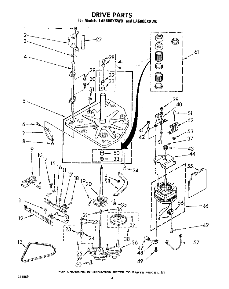DRIVE Diagram and Parts List for LA5805XKW0  Whirlpool Washer