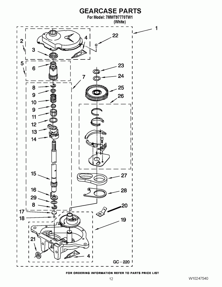 GEARCASE PARTS Diagram and Parts List for 7MWT97770TW1  Whirlpool Washer