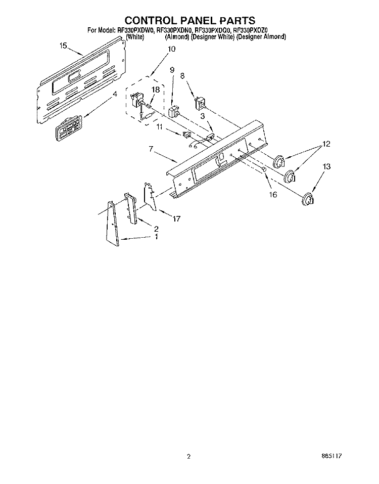 CONTROL PANEL Diagram and Parts List for RF330PXDW0  Whirlpool Range