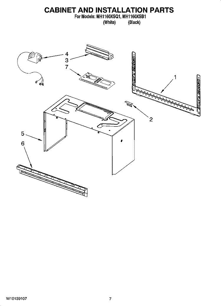 CABINET AND INSTALLATION PARTS Diagram and Parts List for MH1160XSB1  Whirlpool Microwave