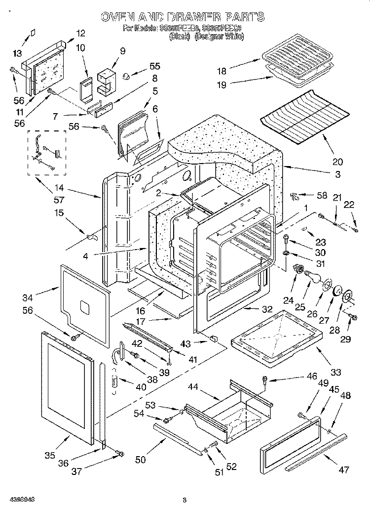 OVEN AND DRAWER Diagram and Parts List for SS385PEEB3  Whirlpool Range