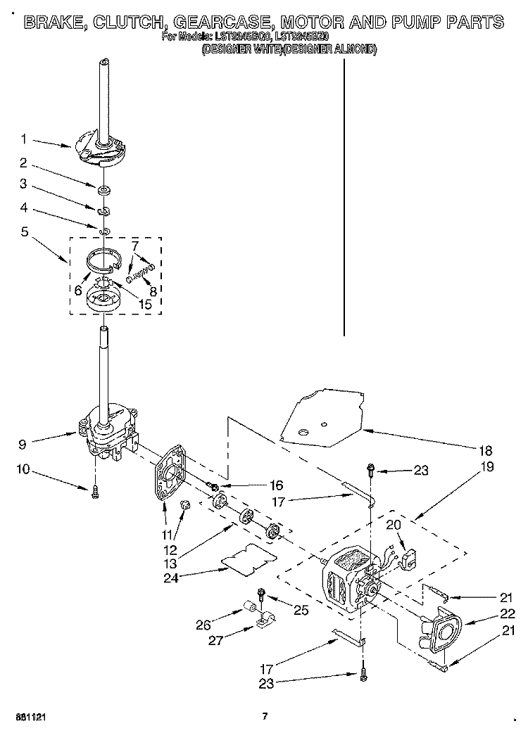 BRAKE, CLUTCH, GEARCASE, MOTOR & PUMP Diagram and Parts List for LST9245BQ0  Whirlpool Washer