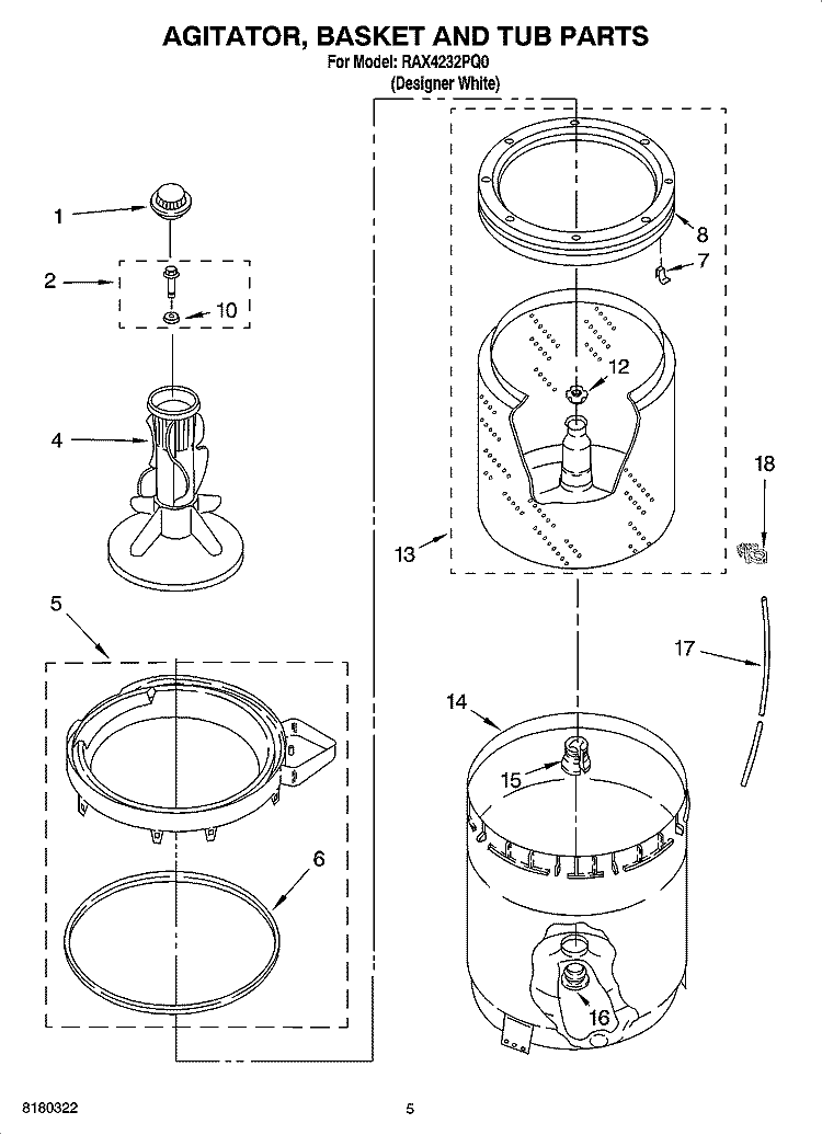 AGITATOR, BASKET AND TUB PARTS Diagram and Parts List for RAX4232PQ0  Roper Washer