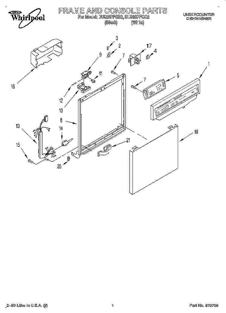 FRAME AND CONSOLE Diagram and Parts List for DU929PFGB2  Whirlpool Dishwasher