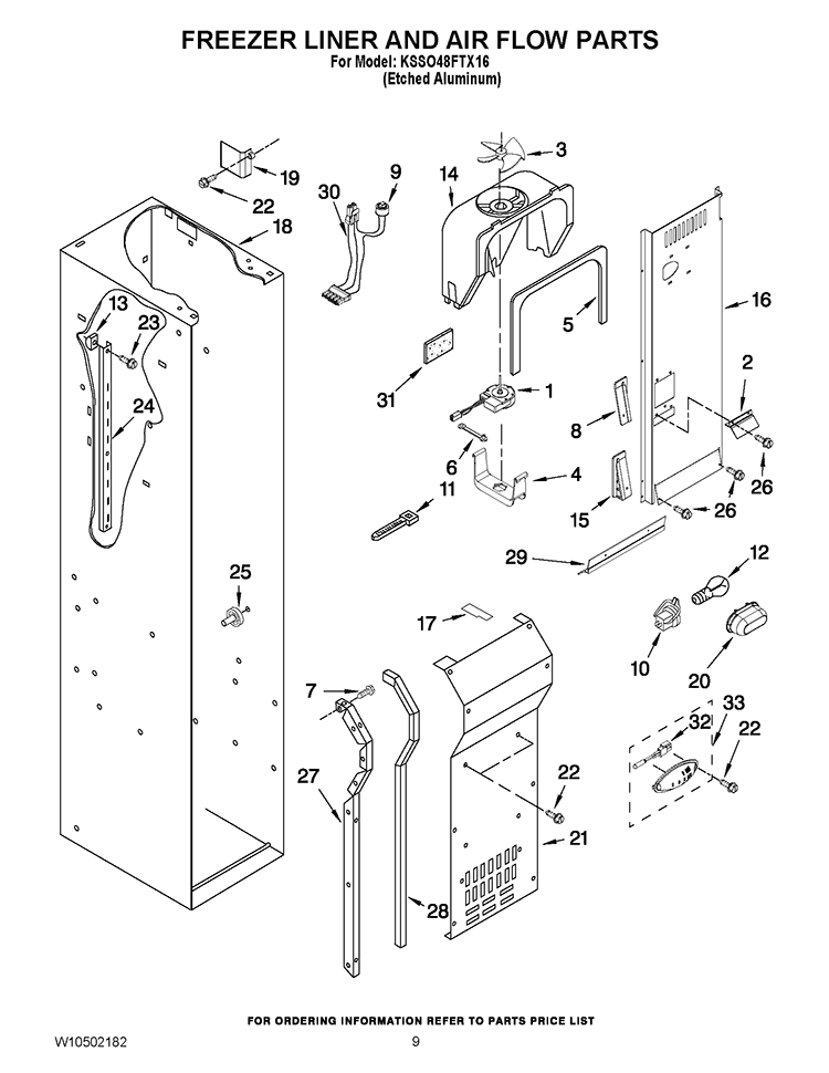 FREEZER LINER AND AIR FLOW PARTS Diagram and Parts List for KSSO48FTX16  KitchenAid Refrigerator