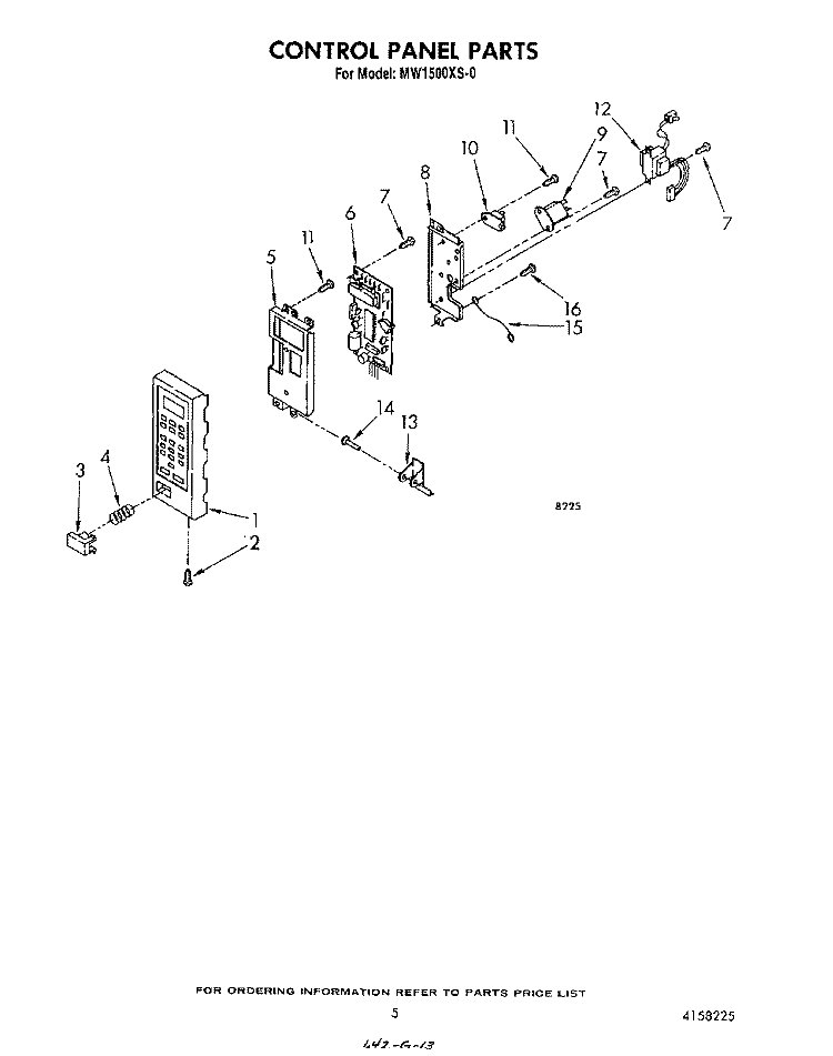 CONTROL PANEL Diagram and Parts List for MW1500XS0  Whirlpool Microwave