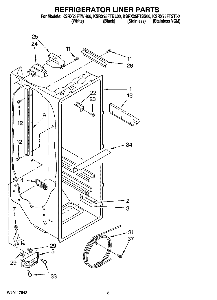 REFRIGERATOR LINER PARTS Diagram and Parts List for KSRX25FTSS00  KitchenAid Refrigerator