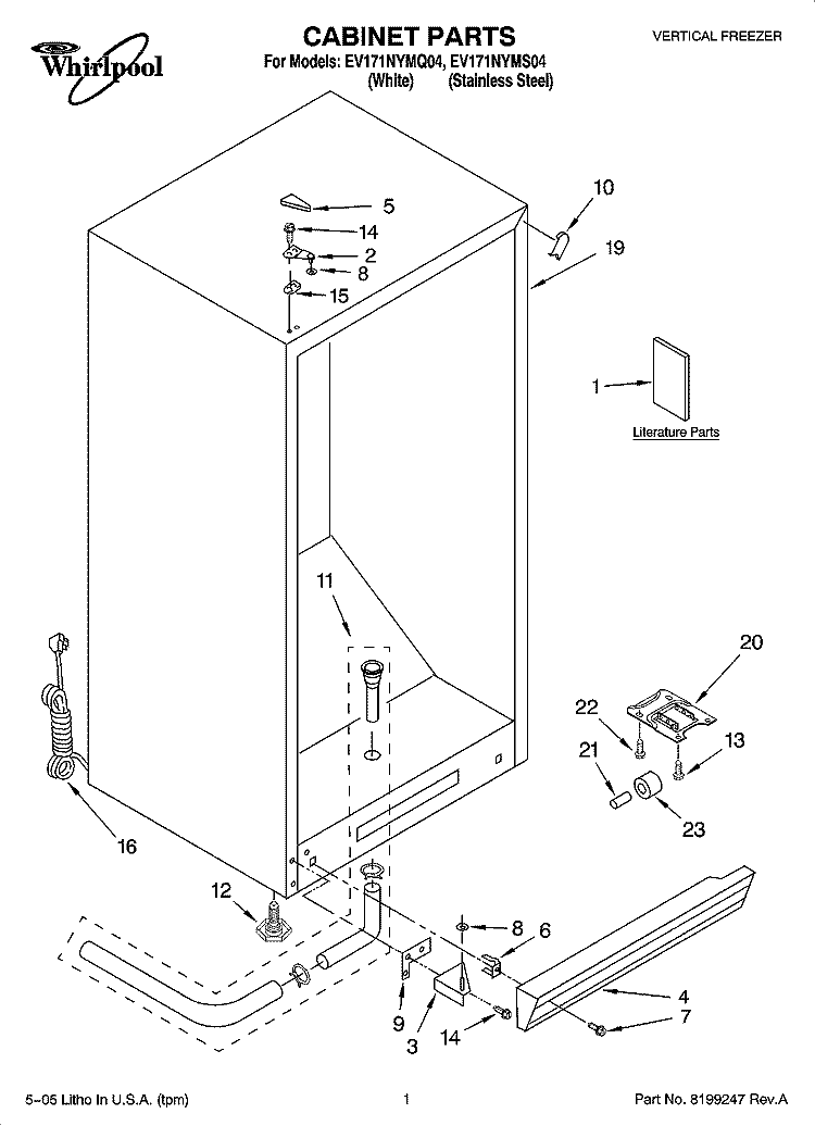 CABINET PARTS Diagram and Parts List for EV171NYMS04  Whirlpool Freezer